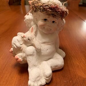 White Ceramic Cherub Figurine with Bunny Accent
